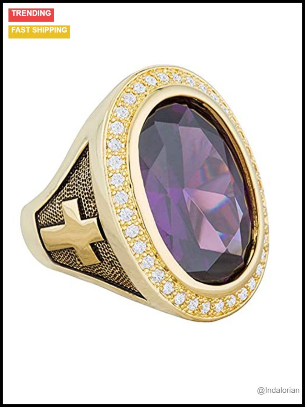 14k Gold Plated Bishop Cross Ring with Cubic Zirconia Statement